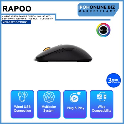 RAPOO V16RGB WIRED GAMING OPTICAL MOUSE WITH 5 BUTTONS / 12800 DPI / RGB MULTI-COLOR LIGHT / ERGONOM