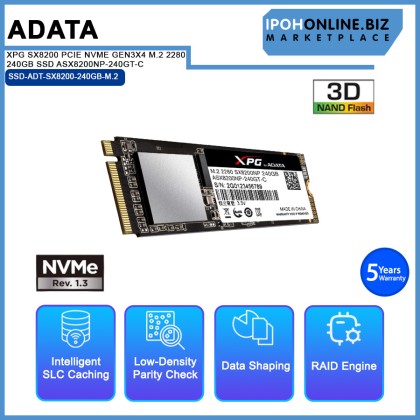 ADATA XPG SX8200 PCIE NVME GEN3X4 M.2 2280 240GB SSD ASX8200NP-240GT-C