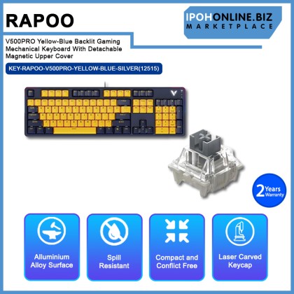 Rapoo V500PRO Yellow-Blue Backlit Gaming Mechanical Keyboard With Detachable Magnetic Upper Cover