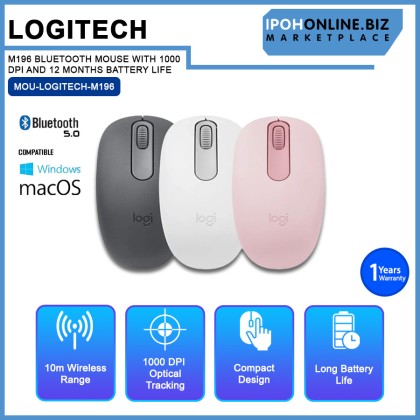 LOGITECH M196 BLUETOOTH MOUSE WITH 1000 DPI AND 12 MONTHS BATTERY LIFE