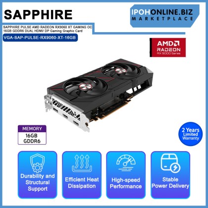 SAPPHIRE PULSE AMD RADEON RX9060 XT GAMING OC 16GB GDDR6 DUAL HDMI/ DP Gaming Graphic Card