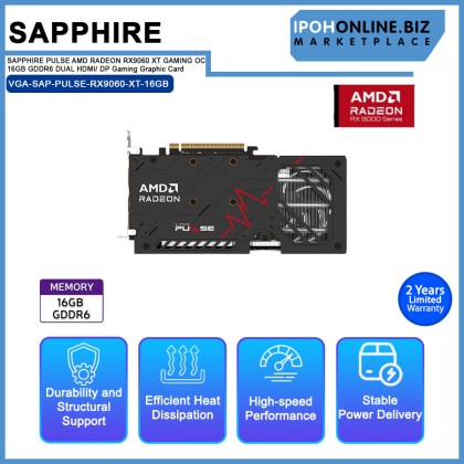 SAPPHIRE PULSE AMD RADEON RX9060 XT GAMING OC 16GB GDDR6 DUAL HDMI/ DP Gaming Graphic Card