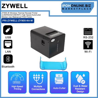 Zywell ZY905-W Wireless Thermal Receipt Printer (LAN/RS232/USB/WiFi) High Speed Auto Cutter Kitchen Use Waterproof POS Printer