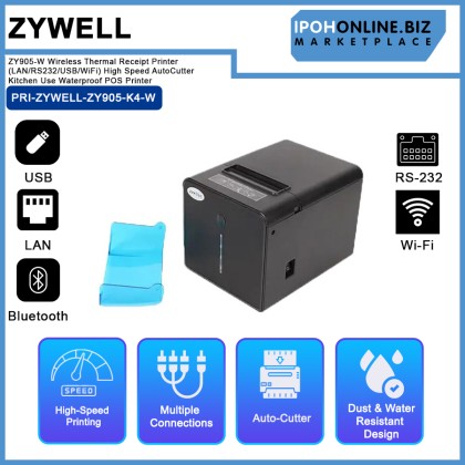 Zywell ZY905-W Wireless Thermal Receipt Printer (LAN/RS232/USB/WiFi) High Speed Auto Cutter Kitchen Use Waterproof POS Printer