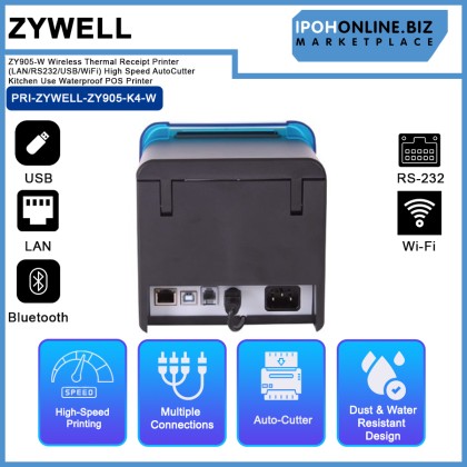 Zywell ZY905-W Wireless Thermal Receipt Printer (LAN/RS232/USB/WiFi) High Speed Auto Cutter Kitchen Use Waterproof POS Printer