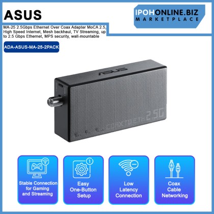 Asus MA-25 2.5Gbps Ethernet Over Coax Adapter MoCA 2.5, High Speed Internet, Mesh backhaul, TV Streaming, up to 2.5 Gbps Ethernet, MPS security, wall-mountable
