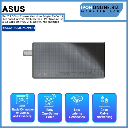 Asus MA-25 2.5Gbps Ethernet Over Coax Adapter MoCA 2.5, High Speed Internet, Mesh backhaul, TV Streaming, up to 2.5 Gbps Ethernet, MPS security, wall-mountable