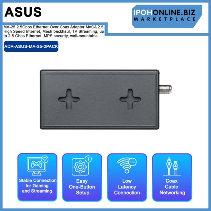 Asus MA-25 2.5Gbps Ethernet Over Coax Adapter MoCA 2.5, High Speed Internet, Mesh backhaul, TV Streaming, up to 2.5 Gbps Ethernet, MPS security, wall-mountable