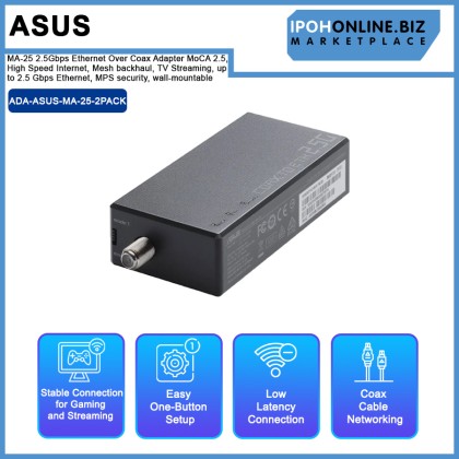 Asus MA-25 2.5Gbps Ethernet Over Coax Adapter MoCA 2.5, High Speed Internet, Mesh backhaul, TV Streaming, up to 2.5 Gbps Ethernet, MPS security, wall-mountable