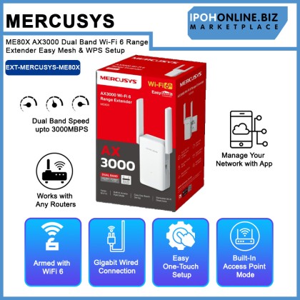 Mercusys ME80X AX3000 Dual Band Wi-Fi 6 Range Extender Easy Mesh & WPS Setup