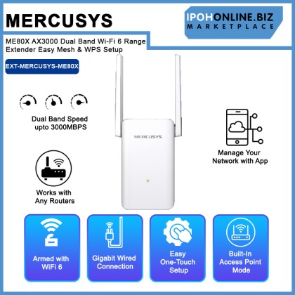 Mercusys ME80X AX3000 Dual Band Wi-Fi 6 Range Extender Easy Mesh & WPS Setup