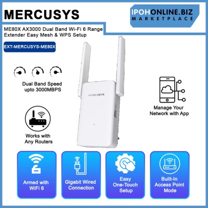 Mercusys ME80X AX3000 Dual Band Wi-Fi 6 Range Extender Easy Mesh & WPS Setup