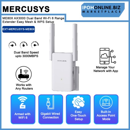 Mercusys ME80X AX3000 Dual Band Wi-Fi 6 Range Extender Easy Mesh & WPS Setup