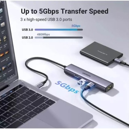UGREEN UG-CM475-60600 USB-C to 3-Port USB 3.0 Hub with Gigabit Ethernet Adapter