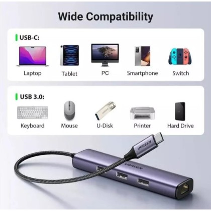 UGREEN UG-CM475-60600 USB-C to 3-Port USB 3.0 Hub with Gigabit Ethernet Adapter