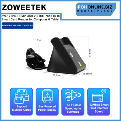 ZOWEETEK ZW-12026-3 EMV USB 2.0 ISO 7816 ID IC Smat Card Reader for Computer & Tablet