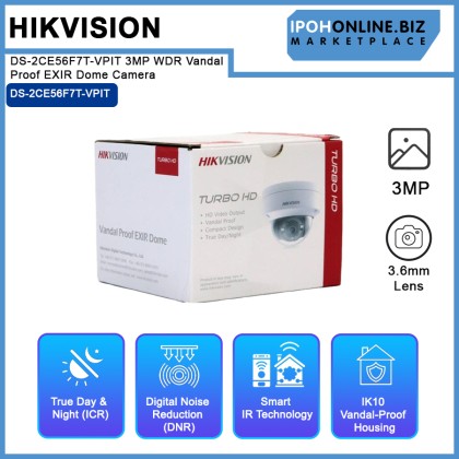 HIKVISION DS-2CE56F7T-VPIT 3MP WDR Vandal Proof EXIR Dome Camera - 3.6MM