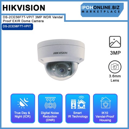 HIKVISION DS-2CE56F7T-VPIT 3MP WDR Vandal Proof EXIR Dome Camera - 3.6MM