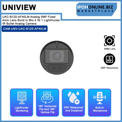 UNV Uniview UAC-B125-AF40LM Analog 5MP Fixed 4mm Lens Build in Mic 4 IN 1 LightHunter IR Bullet Analog Camera UNV Uniview UAC-B125-AF40LM Analog 5MP Fixed 4mm Lens Build in Mic 4 IN 1 LightHunter IR Bullet Analog Camera
