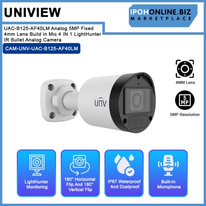 UNV Uniview UAC-B125-AF40LM Analog 5MP Fixed 4mm Lens Build in Mic 4 IN 1 LightHunter IR Bullet Analog Camera UNV Uniview UAC-B125-AF40LM Analog 5MP Fixed 4mm Lens Build in Mic 4 IN 1 LightHunter IR Bullet Analog Camera