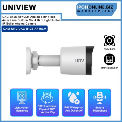 UNV Uniview UAC-B125-AF40LM Analog 5MP Fixed 4mm Lens Build in Mic 4 IN 1 LightHunter IR Bullet Analog Camera UNV Uniview UAC-B125-AF40LM Analog 5MP Fixed 4mm Lens Build in Mic 4 IN 1 LightHunter IR Bullet Analog Camera