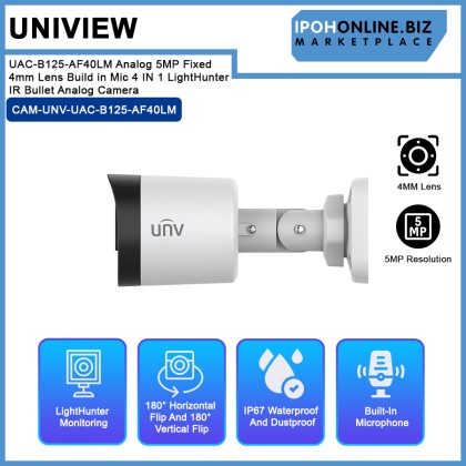 UNV Uniview UAC-B125-AF40LM Analog 5MP Fixed 4mm Lens Build in Mic 4 IN 1 LightHunter IR Bullet Analog Camera UNV Uniview UAC-B125-AF40LM Analog 5MP Fixed 4mm Lens Build in Mic 4 IN 1 LightHunter IR Bullet Analog Camera