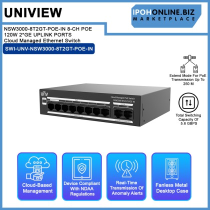 UNV NSW3000-8T2GT-POE-IN 8-CH POE 120W 2*GE UPLINK PORTS Cloud Managed Ethernet Switch