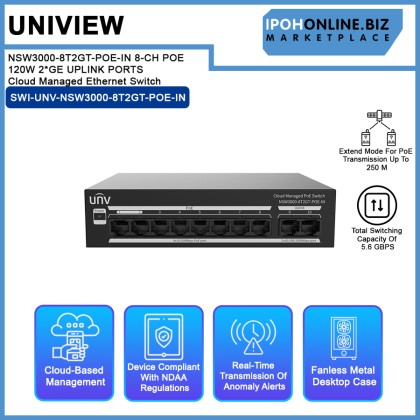UNV NSW3000-8T2GT-POE-IN 8-CH POE 120W 2*GE UPLINK PORTS Cloud Managed Ethernet Switch