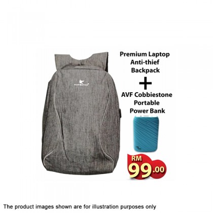 Premium Laptop Anti-thief Backpack With External Charging USB Port - Grey + AVF Cobbiestone Portable Power Bank with 10400 mAH - Blue PowerBank